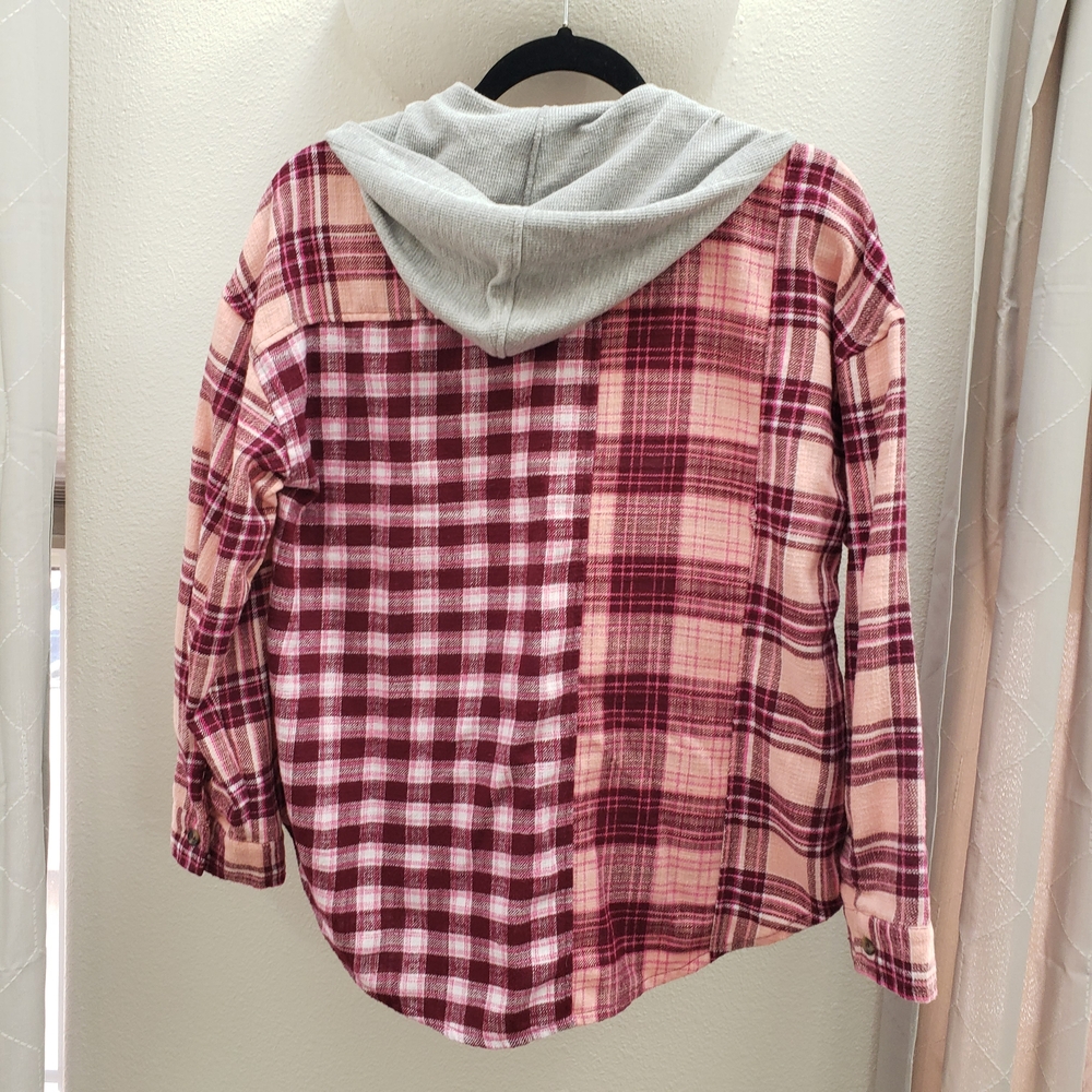 Justice Pink Plaid Hooded Button-Up Shirt - Picture 3 of 12
